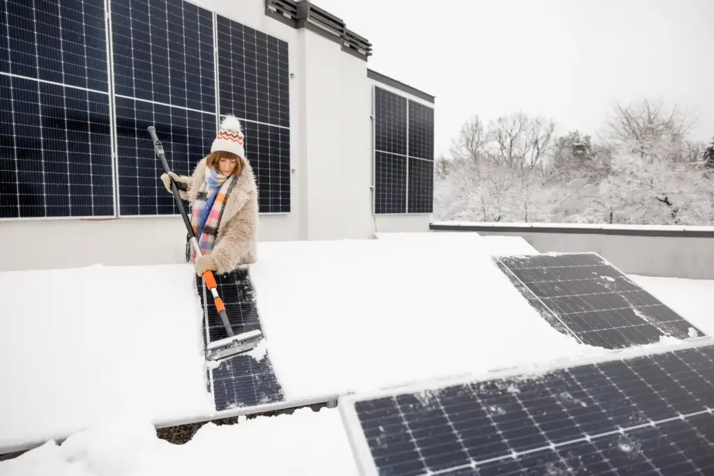 woman cleans solar panels from snow energy2store